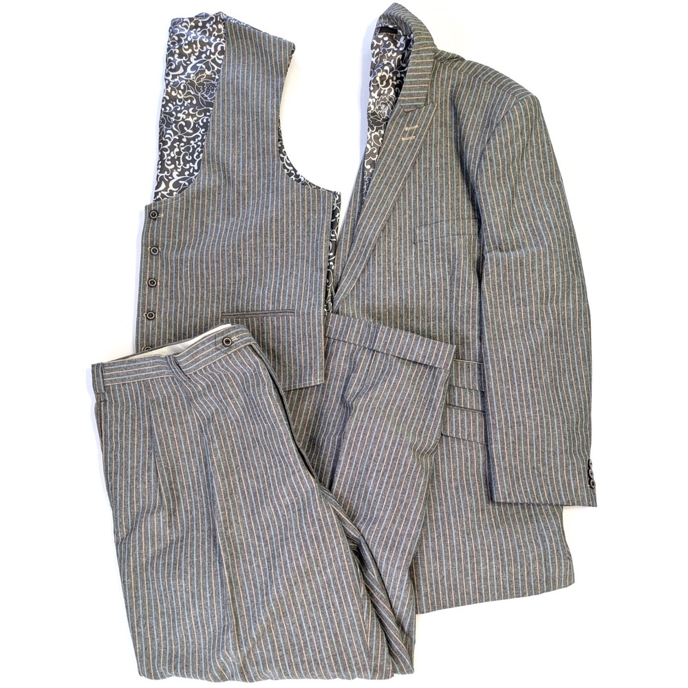 EJ Samuel Italy Mens 3 Piece Suit Grey Pinstripe Linen Cotton Blazer Vest Pants
